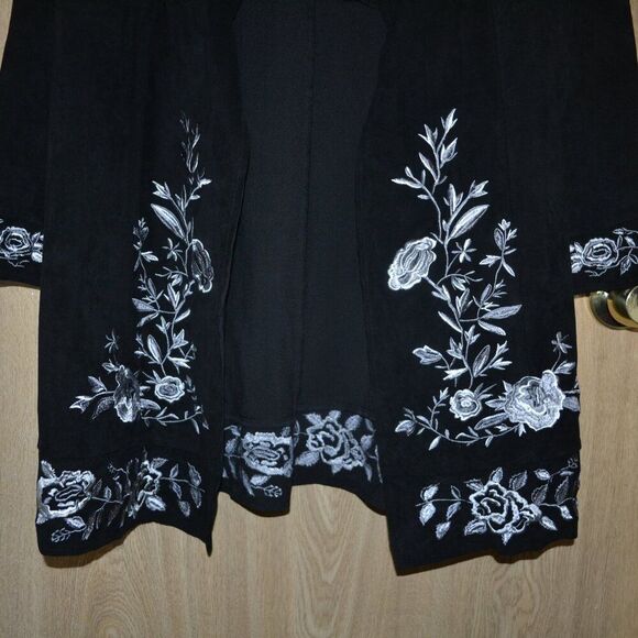 Curations Faux Suede Black Open Long Embroidered Cardigan - Picture 4 of 7